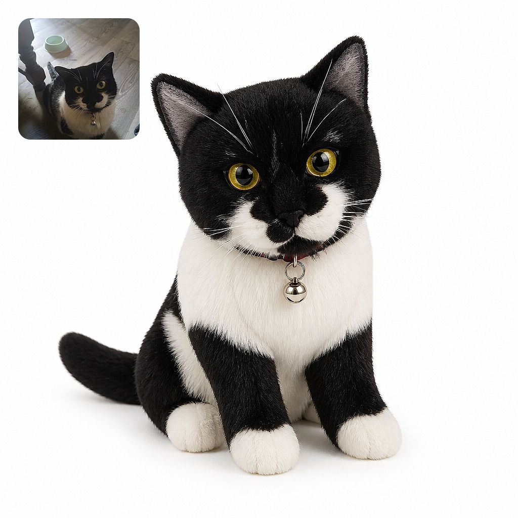 A wide-eyed tuxedo cat gazes up at the camera like it has just been appointed supervisor of the entire dining room. Its tiny bell adds an official touch, while an empty bowl waits nearby for the next snack inspection.