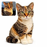 A close-up portrait of a majestic tabby cat basking in warm sunlight, its green eyes staring intensely with a serene and wise expression, while the background softly blurs into an indoor setting.