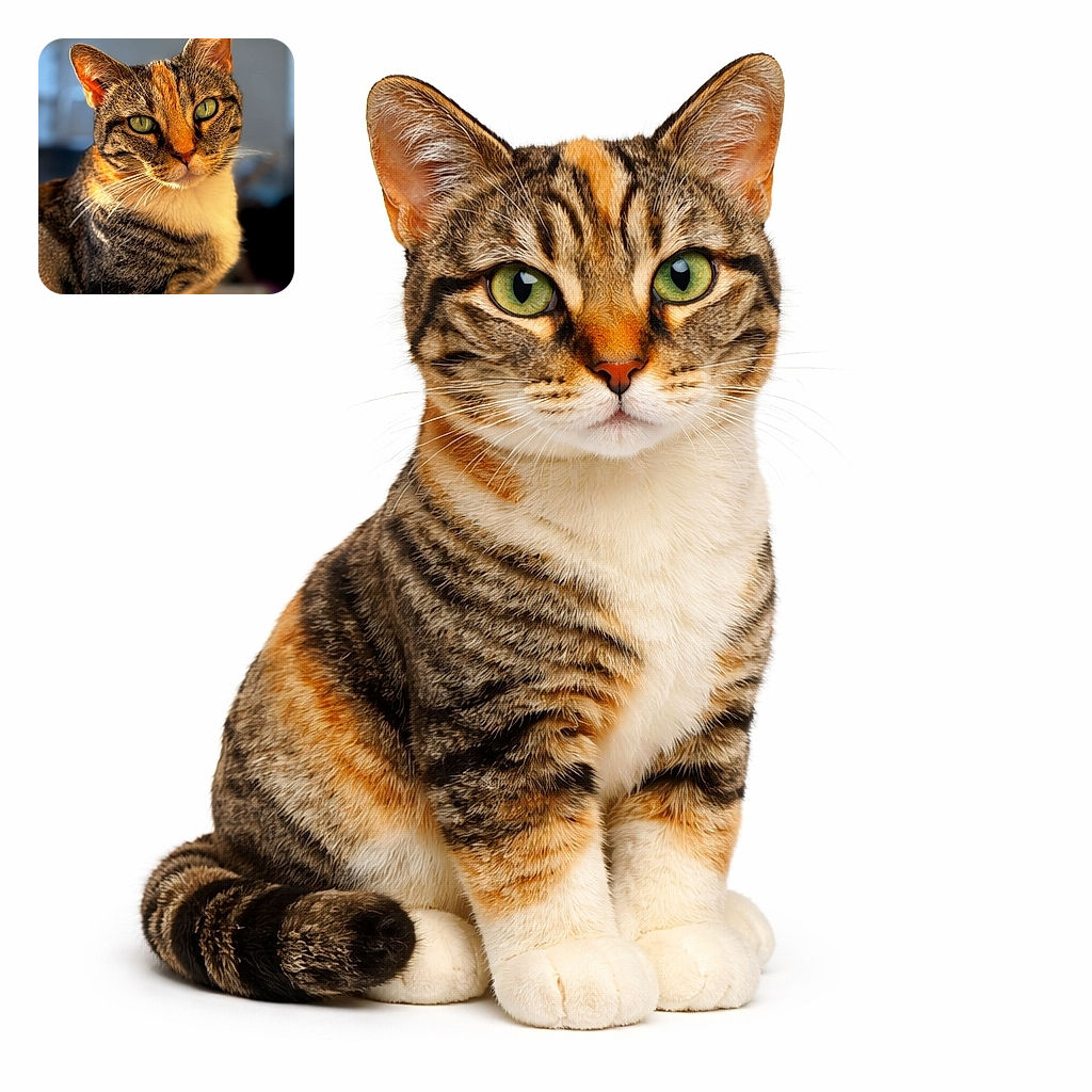 A close-up portrait of a majestic tabby cat basking in warm sunlight, its green eyes staring intensely with a serene and wise expression, while the background softly blurs into an indoor setting.