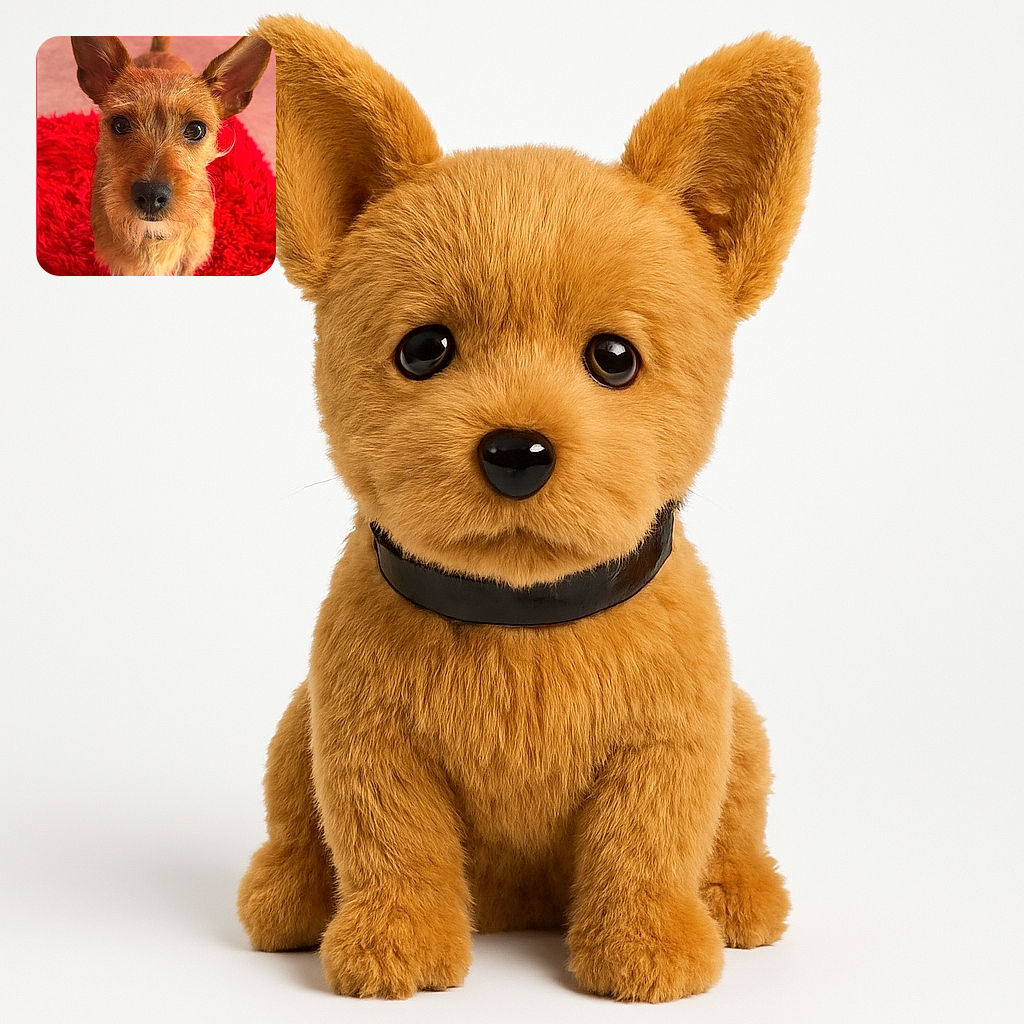 A curious little dog with large ears and shiny eyes sits on a vibrant red fluffy rug, staring directly at the camera with an innocent and attentive expression, while a blurred toy lies in the background on a soft pink carpet.