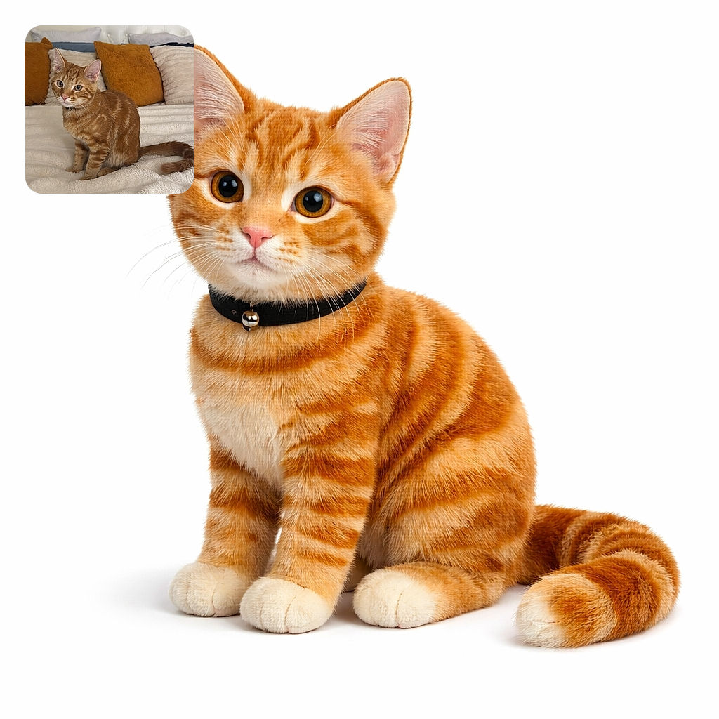 A curious orange tabby kitten sits regally on a plush white bed, ears perked and eyes wide as if it just overheard the word "treat"; mustard pillows and abstract wall art provide an unintentionally stylish backdrop to this tiny fur overlord.