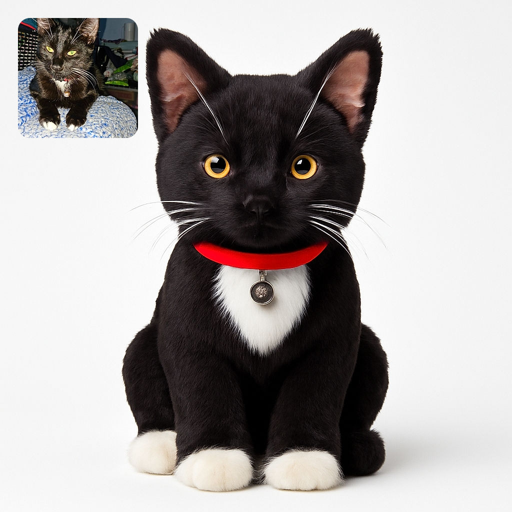 A sleek black cat with bright yellow eyes and white paws lounges comfortably on a cozy blue and white blanket, sporting a red collar with a shiny bell, while a cluttered background hints at a busy home environment.