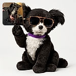 A small black and white dog wearing oversized aviator sunglasses is being held up by a person in a cozy wood-paneled room, striking a cool and confident pose as if ready to star in a canine action movie.