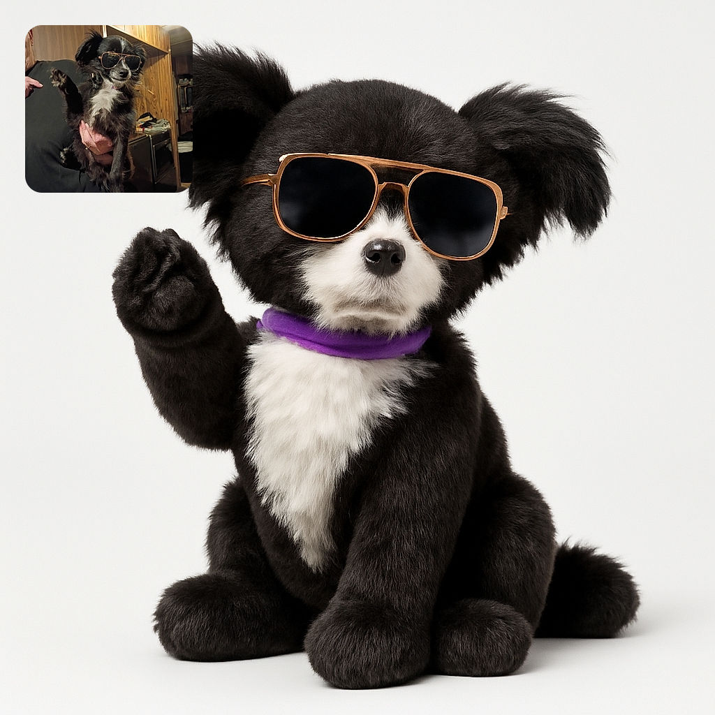 A small black and white dog wearing oversized aviator sunglasses is being held up by a person in a cozy wood-paneled room, striking a cool and confident pose as if ready to star in a canine action movie.