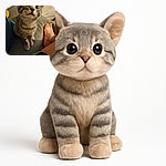 A curious tabby kitten with big eyes sits on a couch, looking up with an innocent expression, while a bare foot and part of a person's leg rest nearby. The cozy indoor setting includes soft textures and warm lighting, capturing a candid moment of pet companionship.