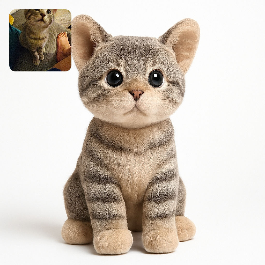 A curious tabby kitten with big eyes sits on a couch, looking up with an innocent expression, while a bare foot and part of a person's leg rest nearby. The cozy indoor setting includes soft textures and warm lighting, capturing a candid moment of pet companionship.