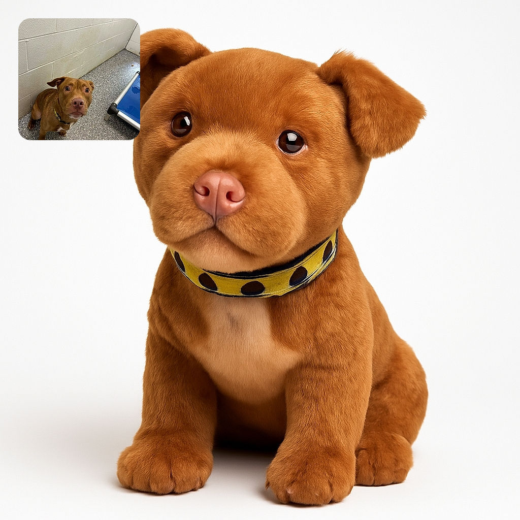 A brown dog with a curious and slightly worried expression sits on a speckled floor next to a blue elevated pet bed in a plain room with white brick walls.
