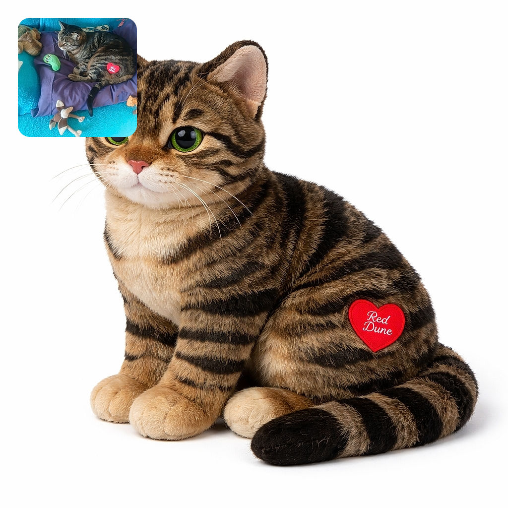 A chonky tabby has claimed the purple pillow throne, flanked by a crochet buddy, a smug pickle toy, a smiling ghost lamp and a tiny heart badge — the plush council of nap approval.