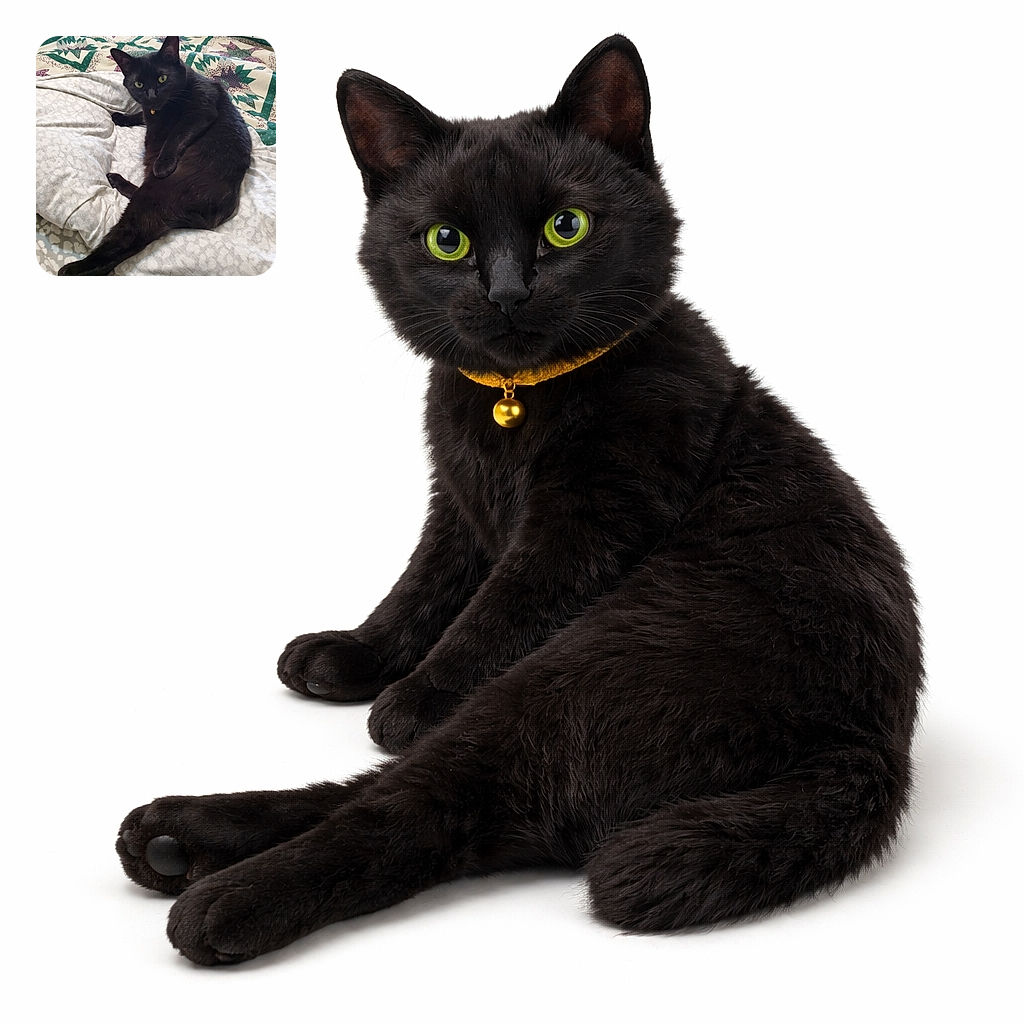 A sleek black cat lounges regally on a cozy bed with patterned quilts, striking a pose that screams 'I'm the boss here,' complete with a tiny bell collar adding a touch of charm.