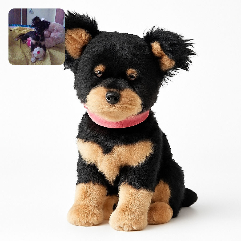 A small black and tan puppy lounges on a yellow quilt, clutching a white toy with a red strawberry on it, surrounded by a cozy pink stuffed animal and a softly lit room with muted colors.