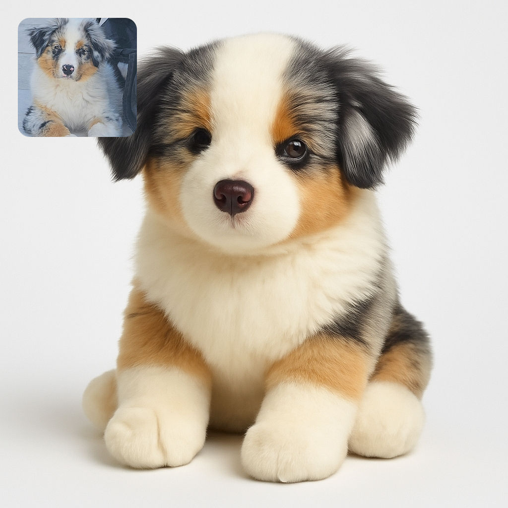 A fluffy, tricolor Australian Shepherd puppy lounges on a tiled floor, looking curiously at the camera with soft, soulful eyes and a nose with charming pink spots, while a black fabric object is partially visible on the right.