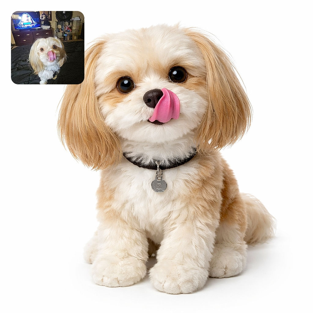 A fluffy dog with big, adorable eyes is caught mid-lick, tongue out like it's tasting the air, sitting on a black bedspread in a cozy room with a dresser, TV, and mirror reflecting a person in the background.