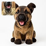 A happy dog with a big nose and bright eyes sits outdoors on a gravel surface in front of a wooden fence, looking directly at the camera with its mouth open in a joyful expression.