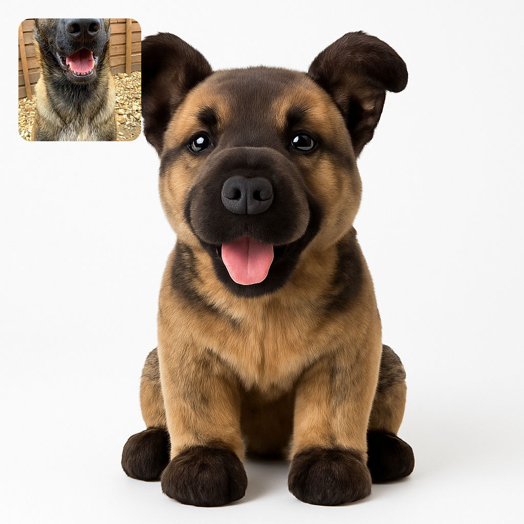 A happy dog with a big nose and bright eyes sits outdoors on a gravel surface in front of a wooden fence, looking directly at the camera with its mouth open in a joyful expression.