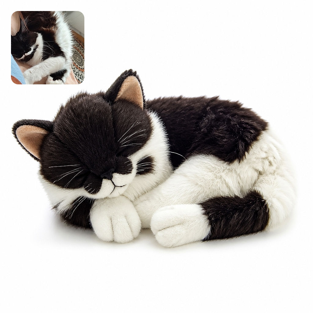 A black-and-white cat is curled up in a blissful nap, hugging its own fluffy paws like a tiny tuxedo-clad contortionist. Soft bedding, a patterned rug, and cozy indoor surroundings complete the sleepy scene.