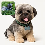 A fluffy dog with a green harness and a blue bone-shaped tag lounges happily in a lush patch of green grass, tongue out in a playful pant, enjoying a sunny day.