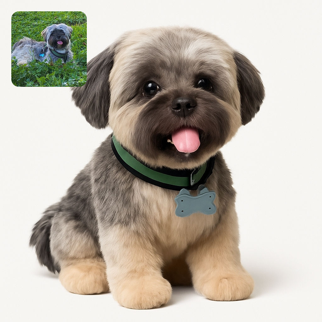 A fluffy dog with a green harness and a blue bone-shaped tag lounges happily in a lush patch of green grass, tongue out in a playful pant, enjoying a sunny day.