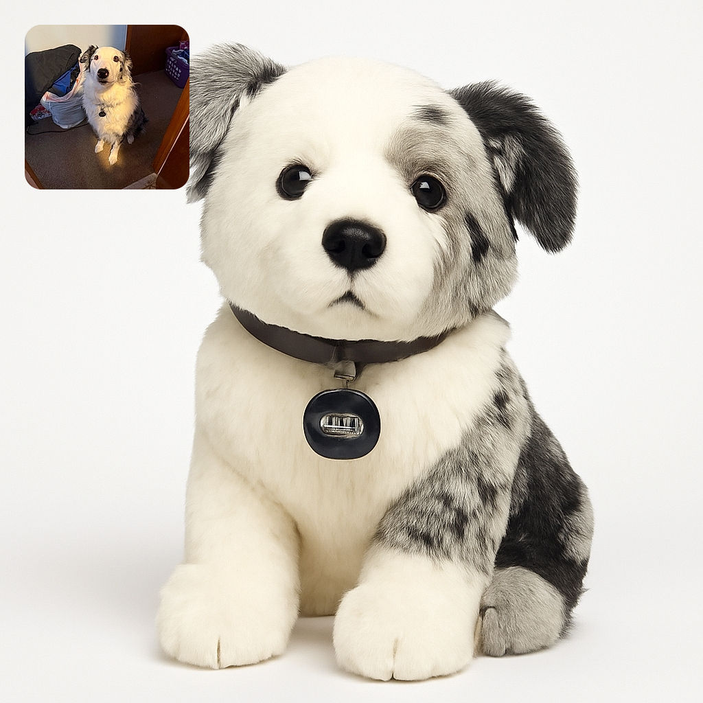 A fluffy dog with a curious expression sits patiently on a carpeted floor, bathed in warm indoor light. The background shows a laundry basket and some clothes, hinting at a casual home setting.