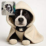 A charming dog wrapped snugly in a fluffy beige blanket with a hood, looking straight at the camera with soulful eyes, making it look like a cozy little wizard of warmth in a rustic indoor setting.