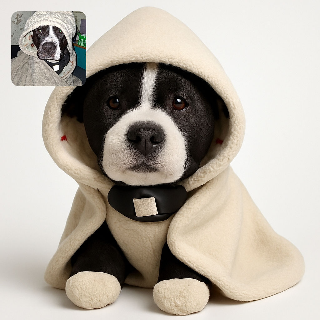 A charming dog wrapped snugly in a fluffy beige blanket with a hood, looking straight at the camera with soulful eyes, making it look like a cozy little wizard of warmth in a rustic indoor setting.