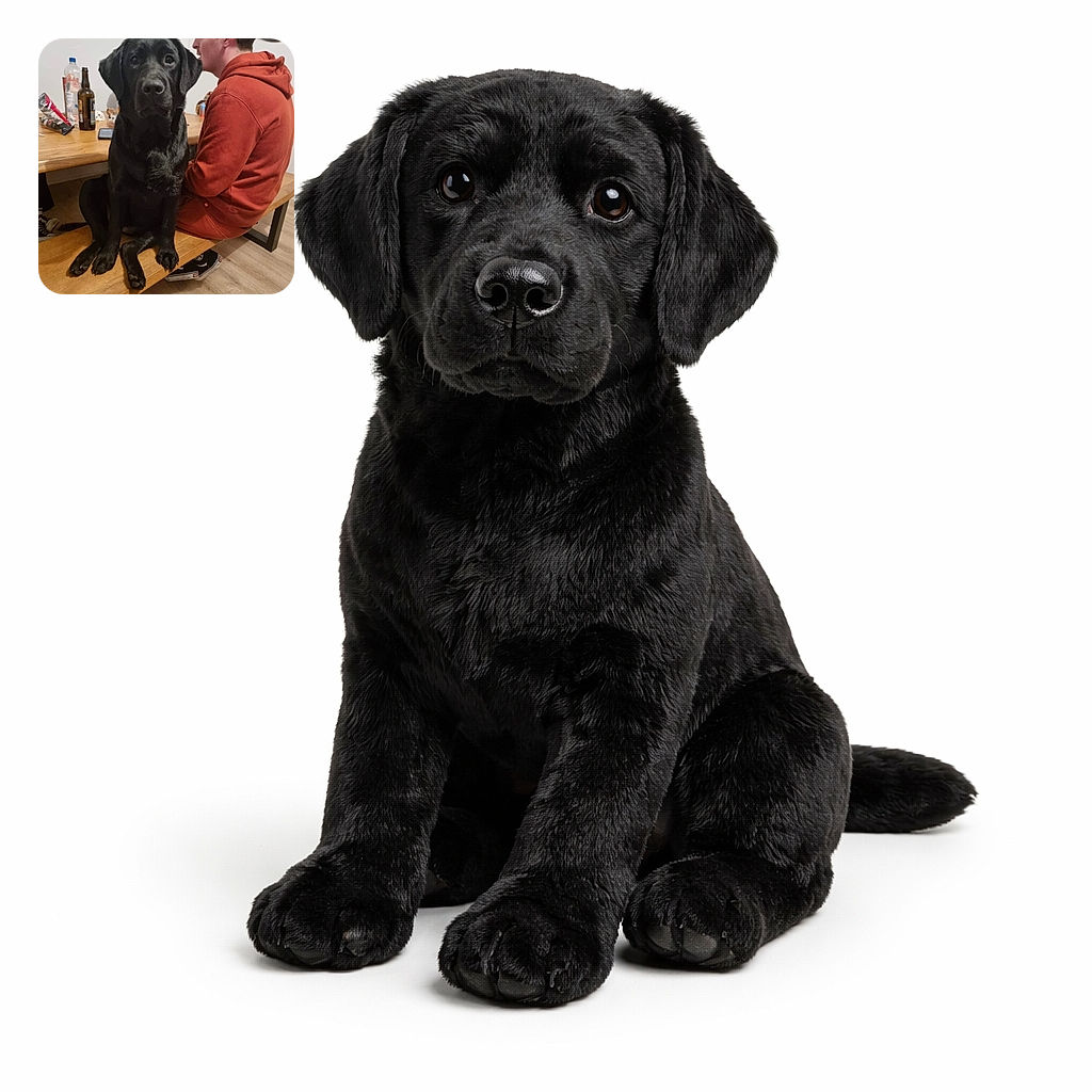 A black Labrador sits obediently on a wooden bench next to a man in a red hoodie who is seated at a dining table. The dog stares directly at the camera with soulful eyes, while the man looks away, seemingly engaged in conversation or thought. The table is cluttered with bottles, snacks, and a phone, giving a casual, homey vibe. A large clock hangs on the wall behind them, adding a touch of decor to the simple setting.
