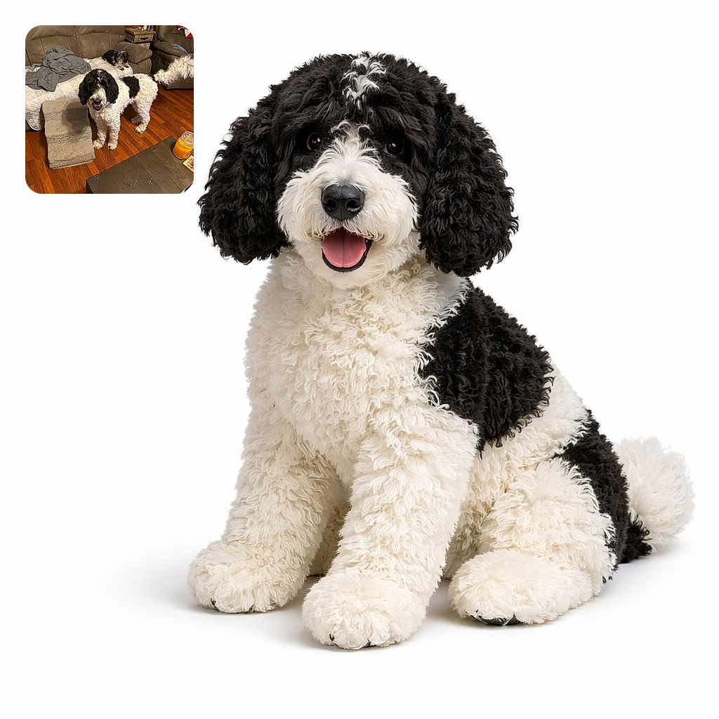 A fluffy black-and-white dog stands on a wooden floor looking happily at the camera, while a smaller black-and-white dog lounges on a couch covered with a gray blanket in the background. The cozy living room setting includes a brown couch, a wooden side table with bottles, and a dark coffee table with a candle and scissors on it.