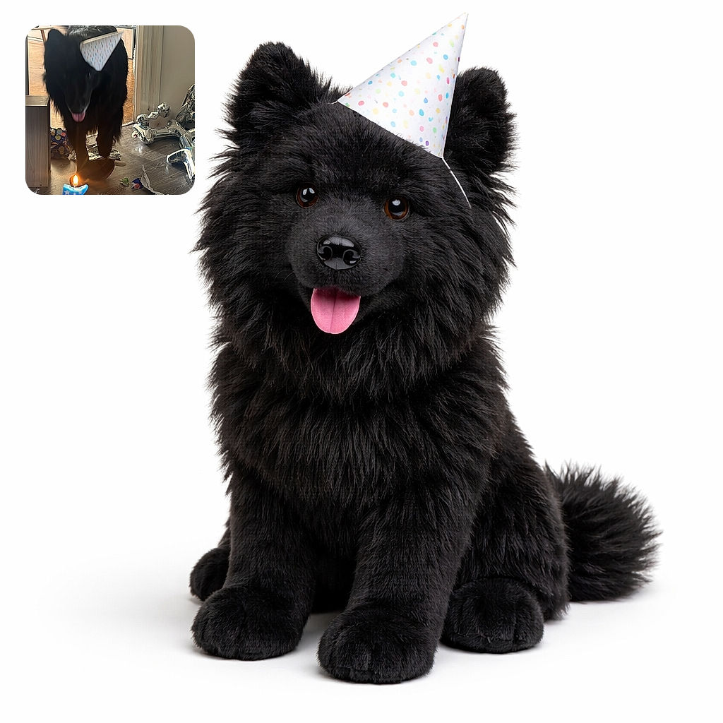 A blurry black dog wearing a party hat approaches a birthday cake topped with a lit number 5 candle and dog bone treats, with some party decorations scattered on the floor in a cozy indoor setting.
