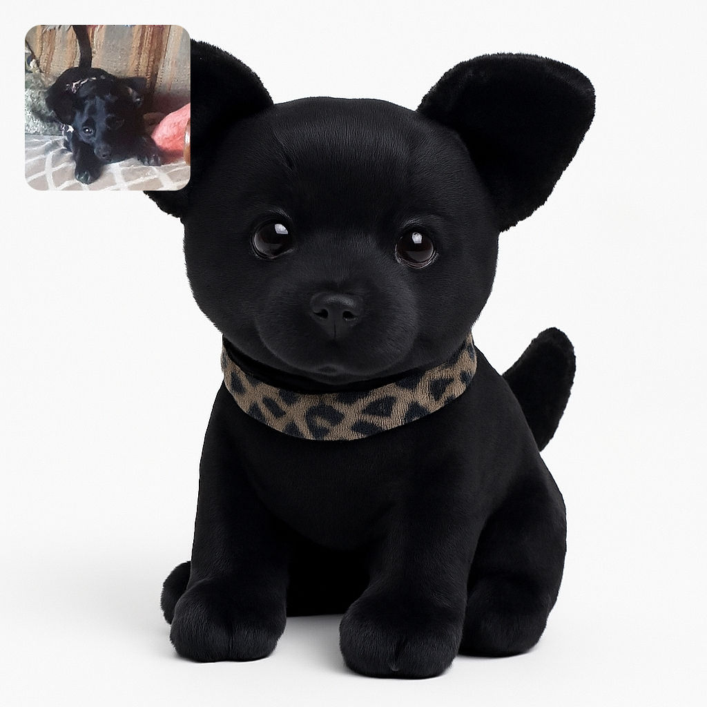 A blurry photo of a small black dog lying on a patterned blanket with a colorful woven background, looking curiously at the camera with its tail up.