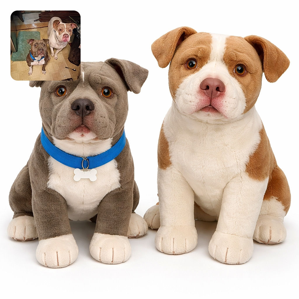 Two attentive dogs sit on a worn kitchen floor, one with a blue collar and the other with a pink nose, looking up with hopeful eyes amid a cluttered background including a green rug, some shoes, and scattered items.