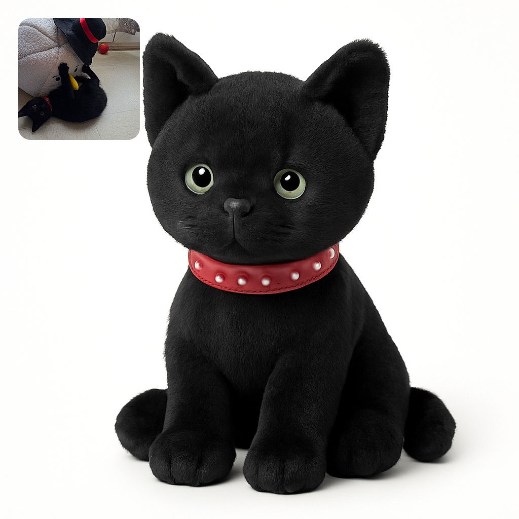 A playful black kitten with a red collar is lying on the floor, grabbing a large plush toy shaped like a bird wearing a black hat with a red band. The background shows a patterned curtain and a red ball toy on the floor.