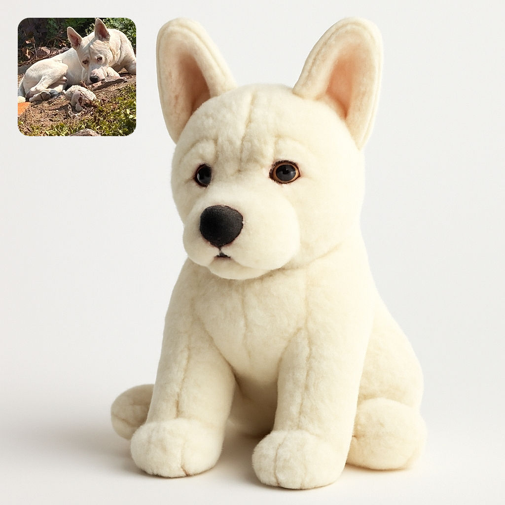 A white dog is lying on the ground outdoors, resting its head on a rock while surrounded by dry leaves and green plants, looking contemplative or a bit sleepy in the sunlight.