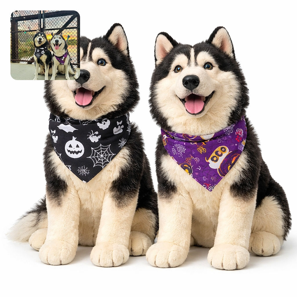 Two happy huskies wearing festive Halloween bandanas pose side by side on a bridge at sunset, with colorful love locks decorating the chain-link fence behind them and a serene river reflecting the warm sky.