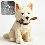 A fluffy white dog proudly carries a stick while trotting along a winding dirt path surrounded by dense green foliage, capturing a perfect moment of outdoor adventure and canine joy.