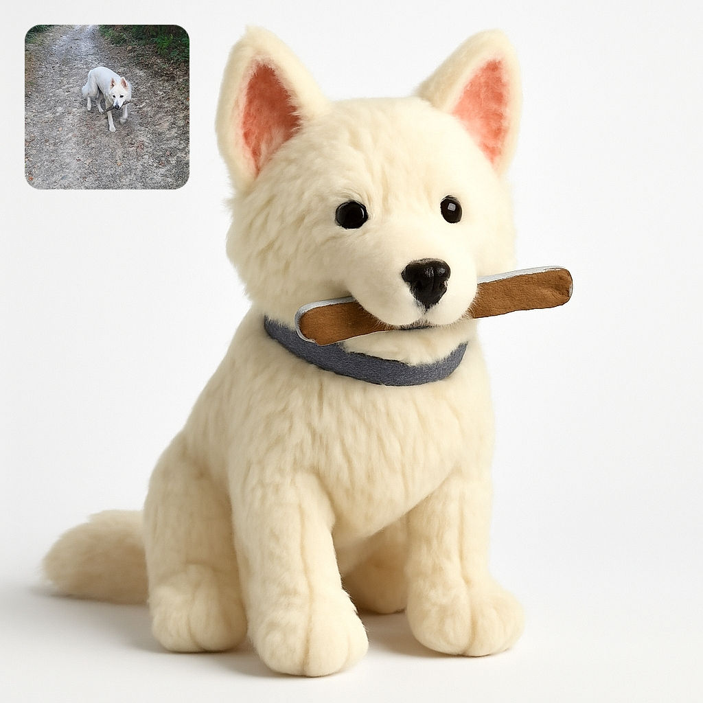 A fluffy white dog proudly carries a stick while trotting along a winding dirt path surrounded by dense green foliage, capturing a perfect moment of outdoor adventure and canine joy.