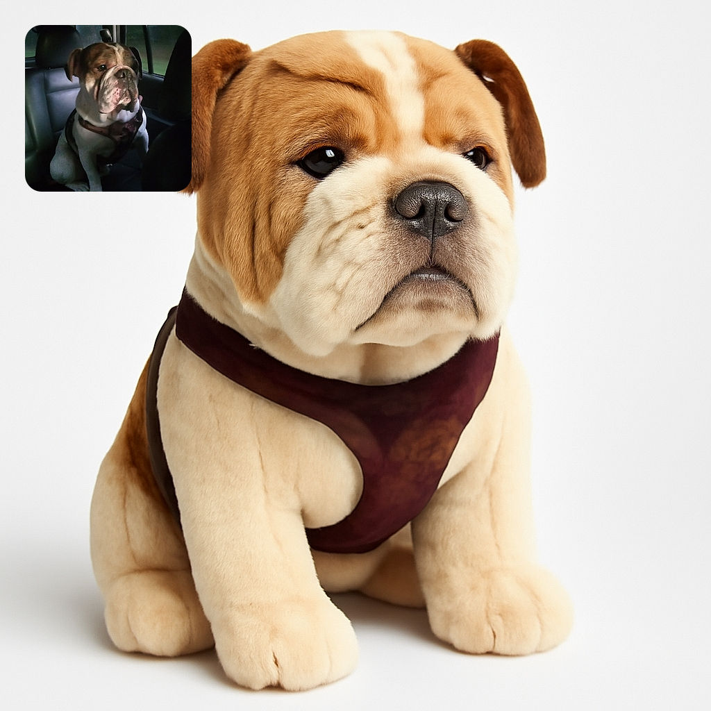 A charming bulldog sits patiently on the backseat of a car, bathed in soft evening light with a slightly blurred background outside the window, capturing a candid moment of canine contemplation.