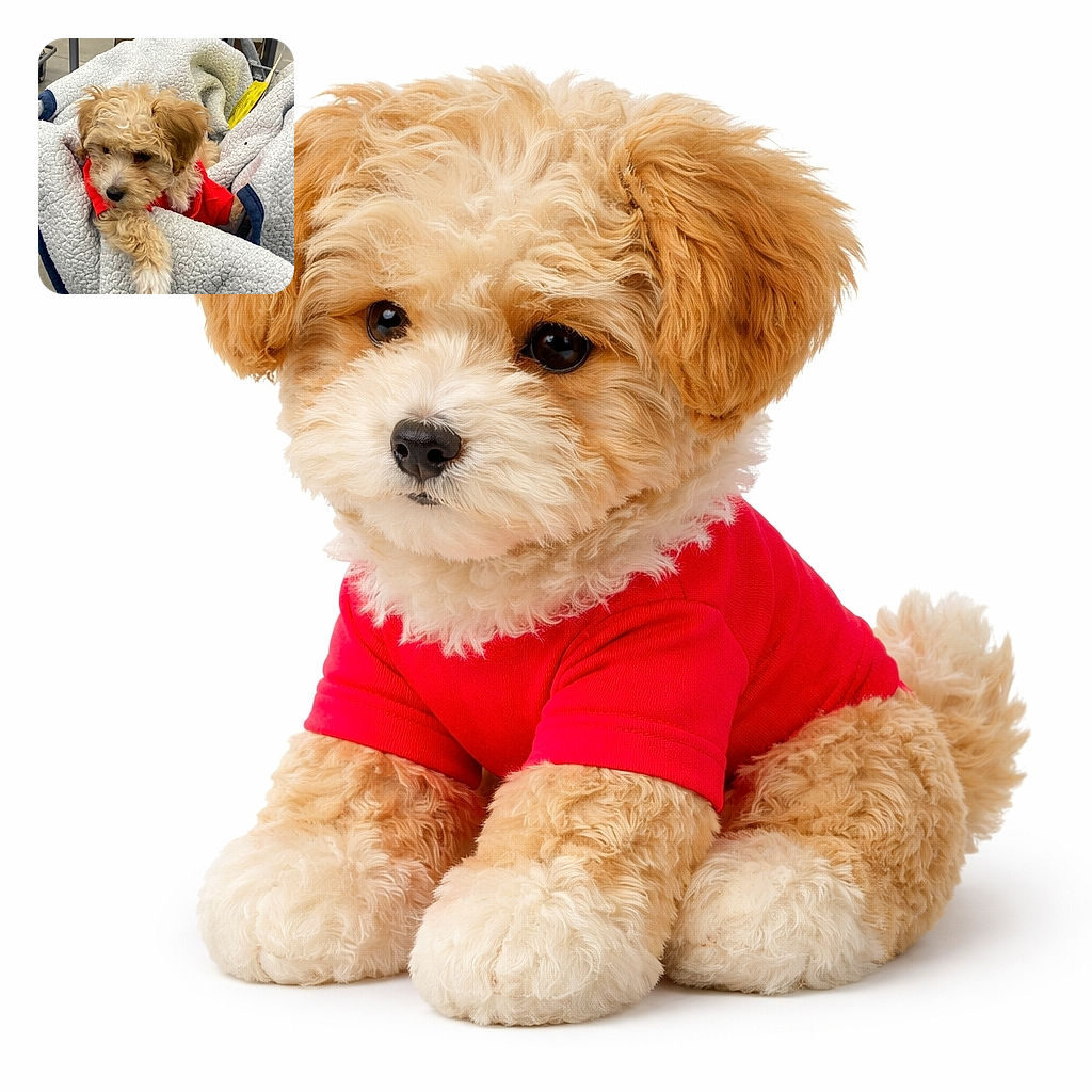 A fluffy little pup in a bright red shirt is burrowed into a sherpa blanket like it owns the shopping cart — one paw draped over the edge, nose peeking out, plotting nap time and world domination in equal measure.