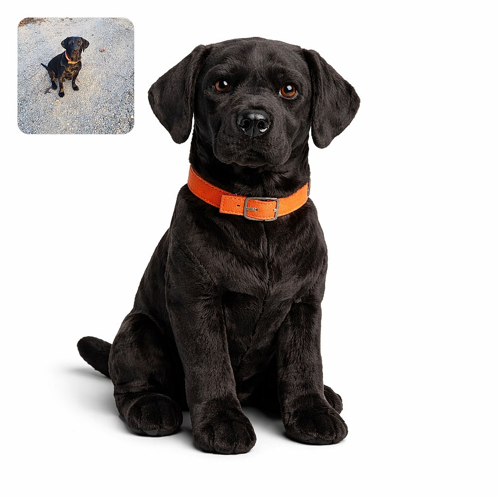 A shiny black dog with a bright orange collar sits patiently on a gravel path, looking attentively at the camera. The warm sunlight highlights the dog's glossy coat and the textured gravel ground adds a rustic charm to the scene.