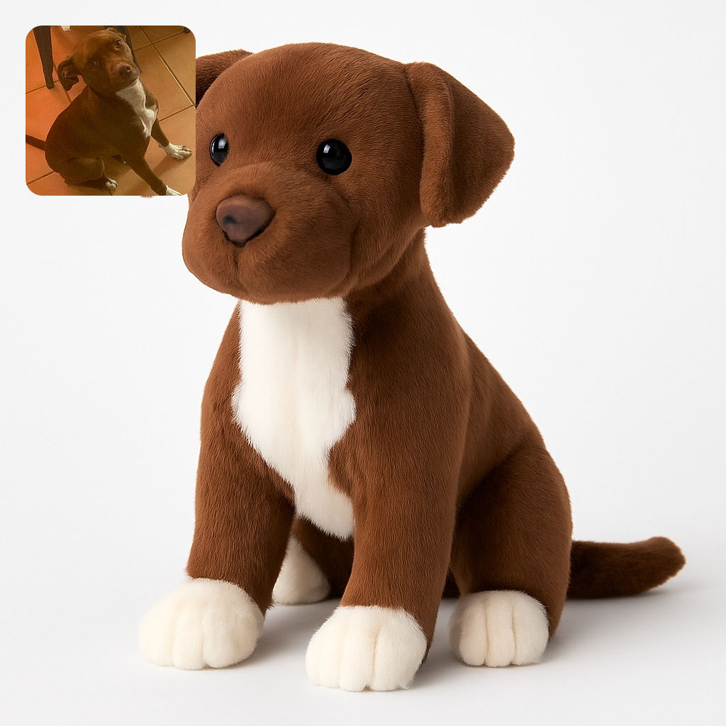 A curious brown dog with white paws and chest sits attentively on a tiled floor, looking up with soulful eyes. The background includes parts of a dark chair and a warm-toned floor, giving a cozy home vibe.