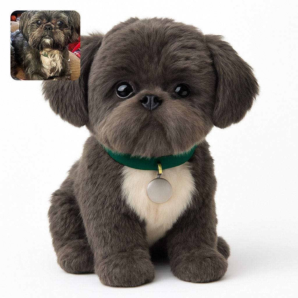 A close-up photo of an adorable small dog with a fluffy grey and white coat, big shiny eyes, and a heart-shaped tag on its collar, sitting comfortably on a couch with a cozy background.