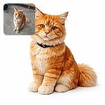 A fluffy orange tabby cat sits attentively on a smooth gray floor, looking slightly curious or concerned. Behind it is a wooden cabinet and a blue pet tunnel, suggesting a cozy indoor environment.