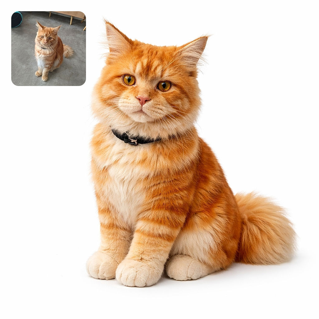 A fluffy orange tabby cat sits attentively on a smooth gray floor, looking slightly curious or concerned. Behind it is a wooden cabinet and a blue pet tunnel, suggesting a cozy indoor environment.