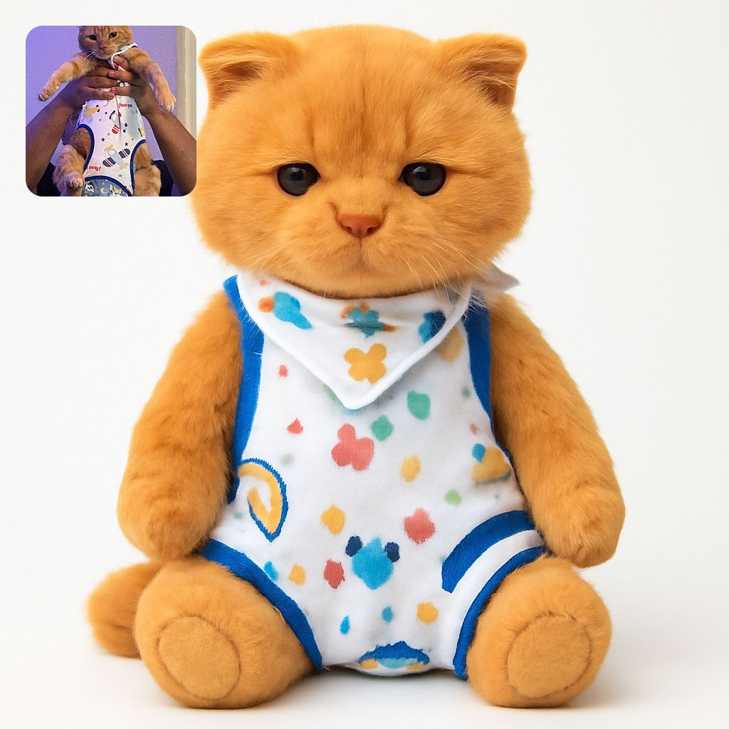 A slightly blurry but charming photo of a ginger cat dressed in a colorful onesie with airplanes and clouds, being held up by a person whose face is out of frame. The cat looks mildly unimpressed, adding humor to the cozy indoor setting with a purple wall background.