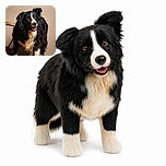 A fluffy black-and-white dog stands proudly on a patterned blanket, looking like a charming canine model who has just been told that dinner is ready. Its bright eyes, floppy ears, and happily lolling tongue give the portrait plenty of personality, while the warm indoor background keeps the scene cozy.