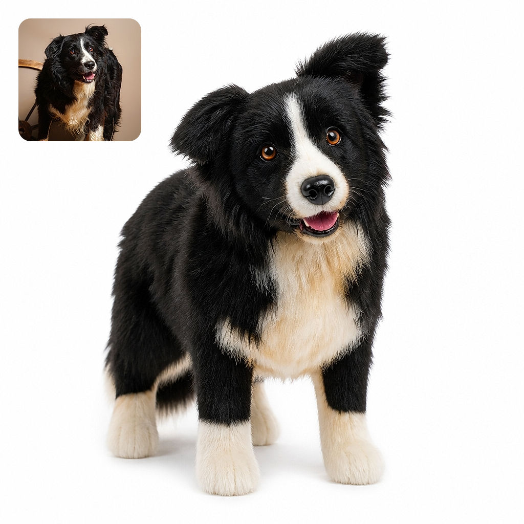 A fluffy black-and-white dog stands proudly on a patterned blanket, looking like a charming canine model who has just been told that dinner is ready. Its bright eyes, floppy ears, and happily lolling tongue give the portrait plenty of personality, while the warm indoor background keeps the scene cozy.