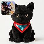 A cozy black cat dressed in a colorful outfit cuddles a well-loved stuffed animal, nestled among vibrant blankets and a person's leg, creating a warm and snug scene.