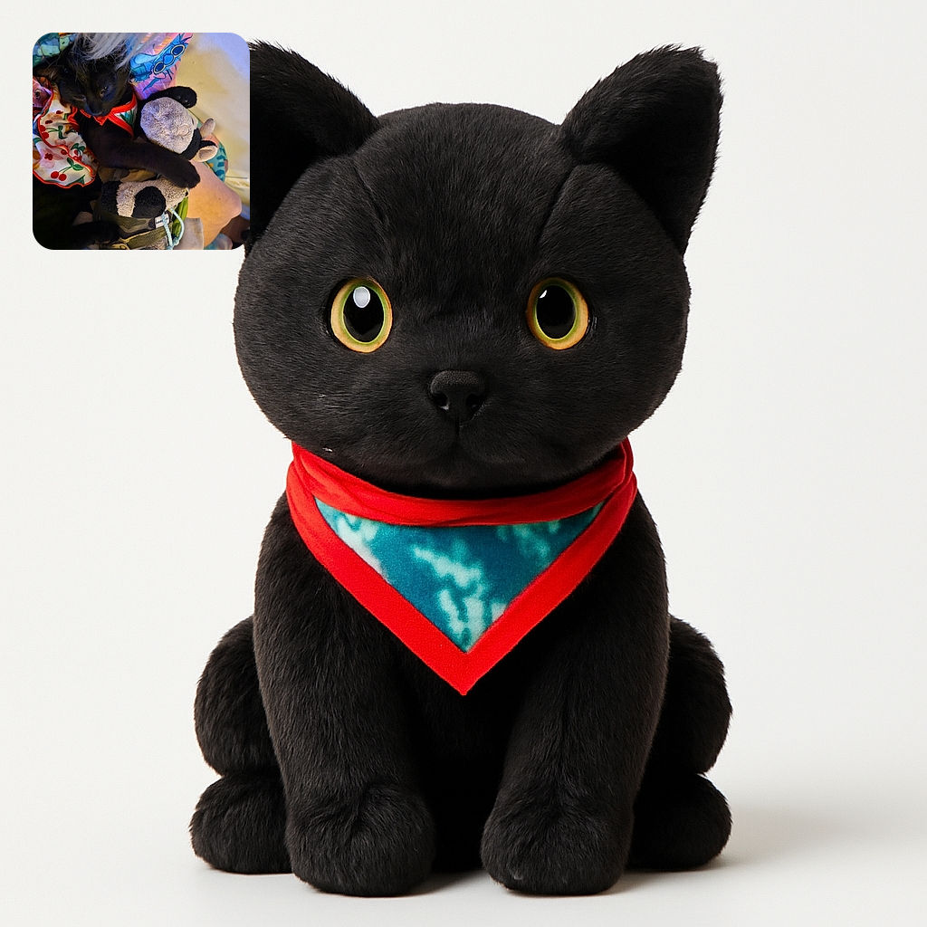 A cozy black cat dressed in a colorful outfit cuddles a well-loved stuffed animal, nestled among vibrant blankets and a person's leg, creating a warm and snug scene.
