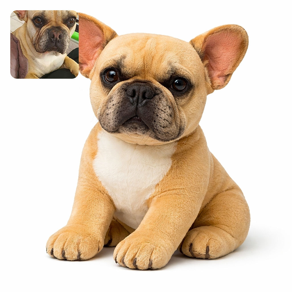 A close-up photo of a tan French Bulldog with soulful eyes and a slightly wrinkled face, resting one paw on a black surface, looking thoughtfully at the camera with a cozy indoor background.