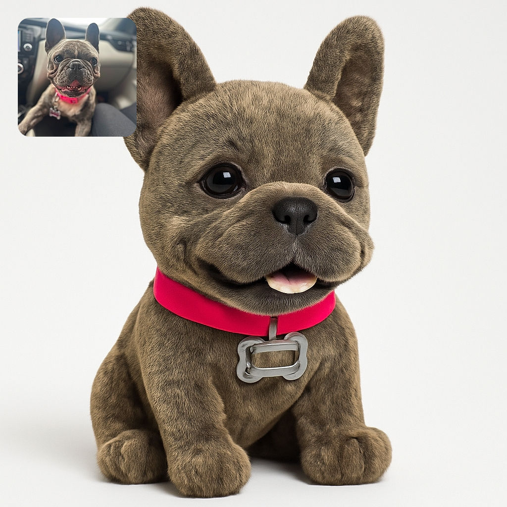 A close-up photo of a happy French Bulldog with a pink collar sitting inside a car, looking excited and ready for an adventure. The background is softly blurred, focusing all attention on the dog's expressive face and big ears.