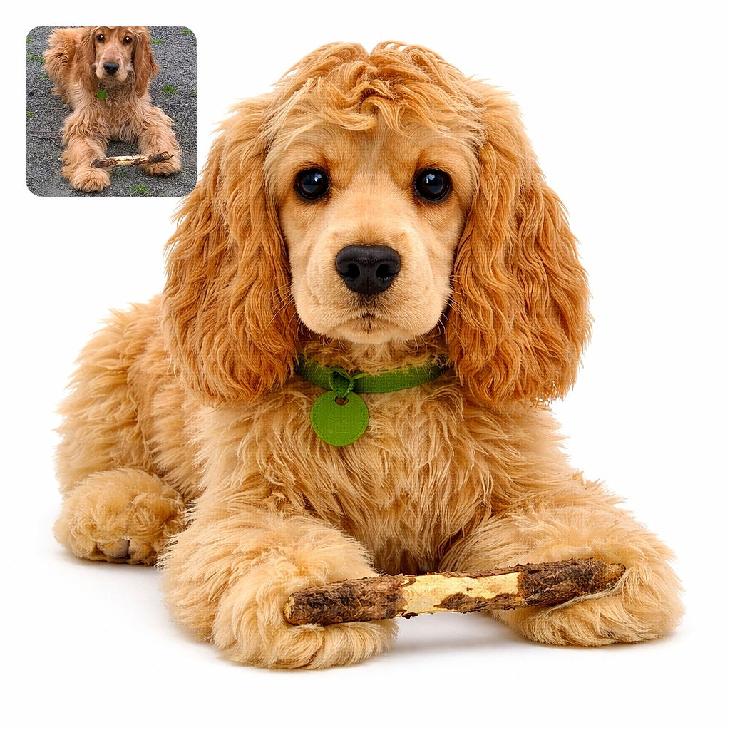 A fluffy golden dog lays on a gravelly ground clutching a gnarly stick between its paws, looking straight at the camera with a calm and slightly curious expression.
