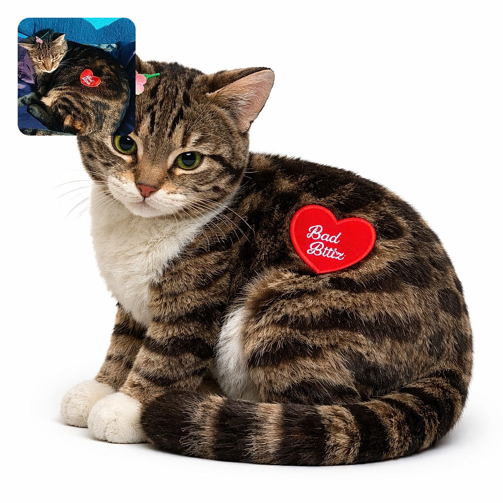 A content tabby cat curls up on cozy bedding like it pays rent, sporting a tiny flower on its head and a cheeky heart patch on its back — pure diva energy and maximum nap efficiency.